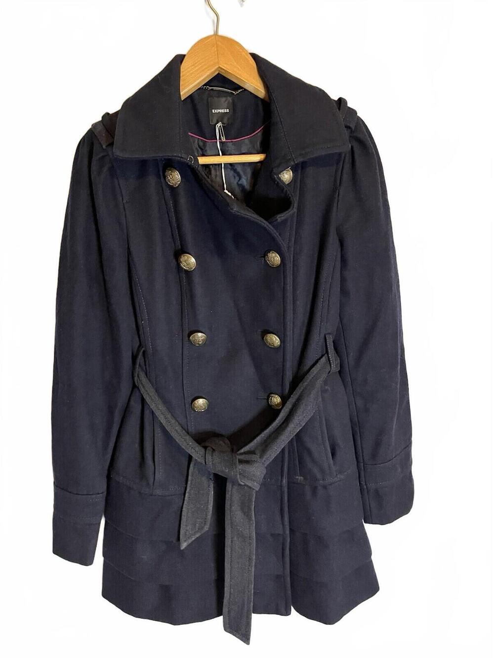 VINTAGE Express Coat M Navy Pea Military Army Ruffle Wool Blend Belted Y2K